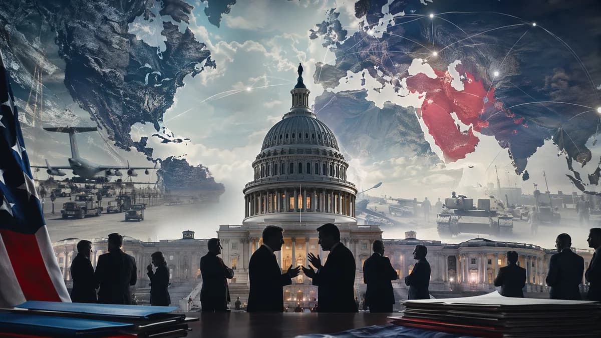 US Capitol and world map symbolize congressional revolt over military aid to Israel.