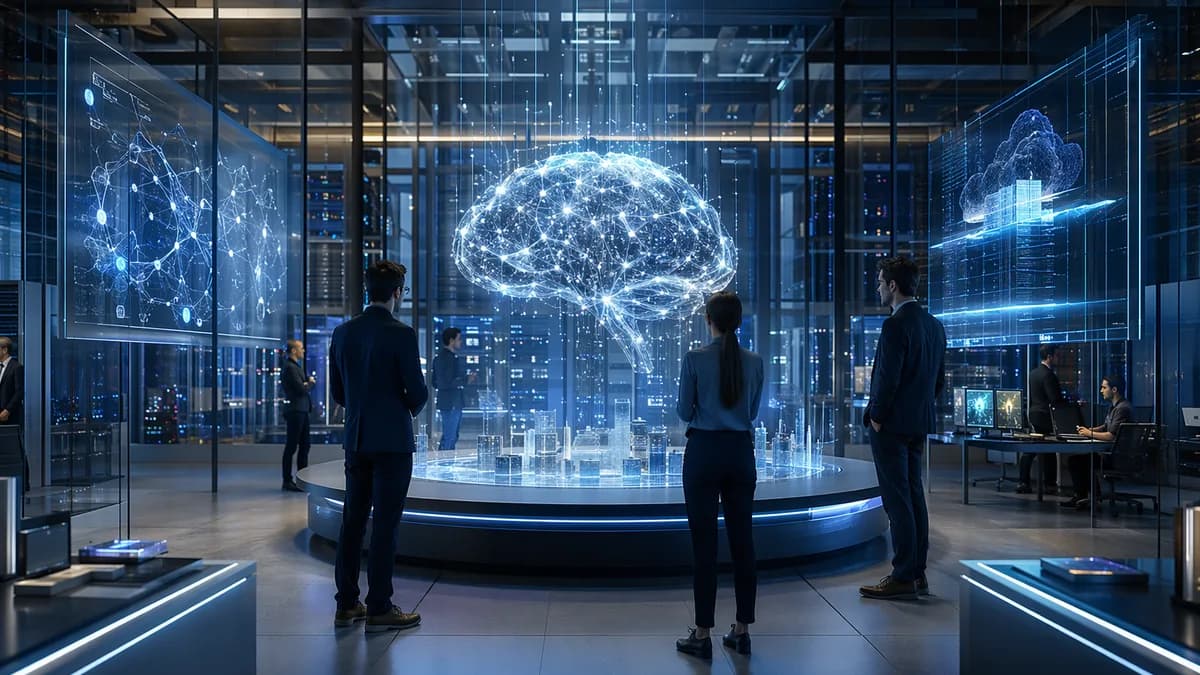 Futuristic AI hub with engineers, neural network hologram, servers and enterprise cloud infrastructure.