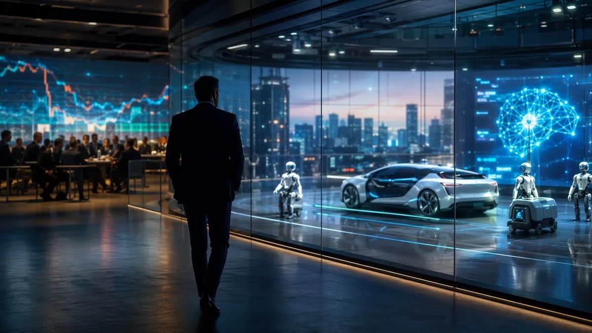 Executive exits as robotaxi and robotics prototypes advance in a futuristic autonomous mobility lab.