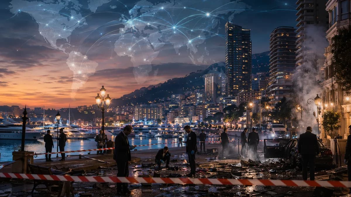 Monaco blast investigation with global map connections and geopolitical tension