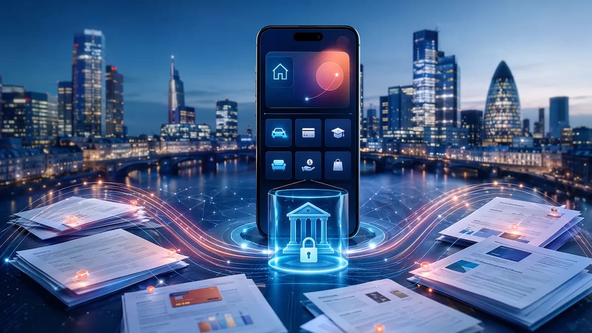 Smartphone with abstract banking UI automating debt payments into a consolidated loan hub.