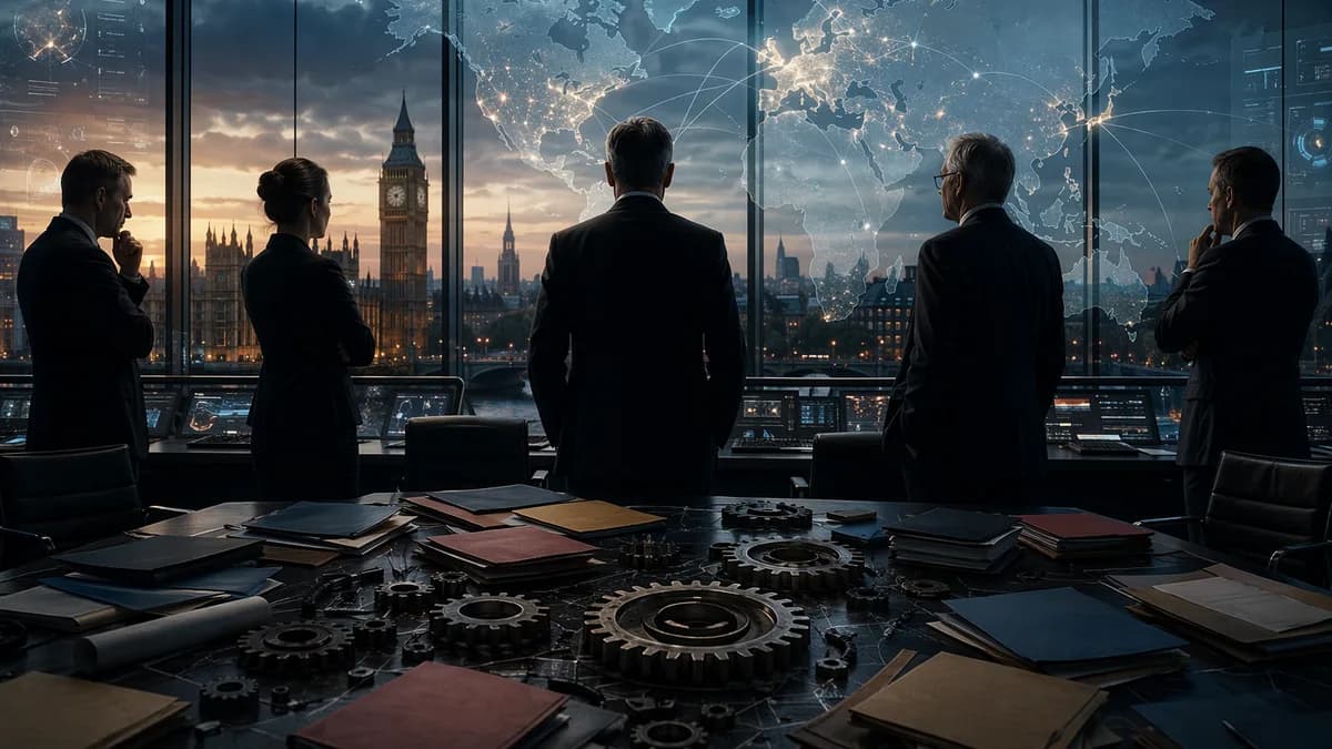 Symbolic UK government command room with Westminster, global map, and unfinished machinery.