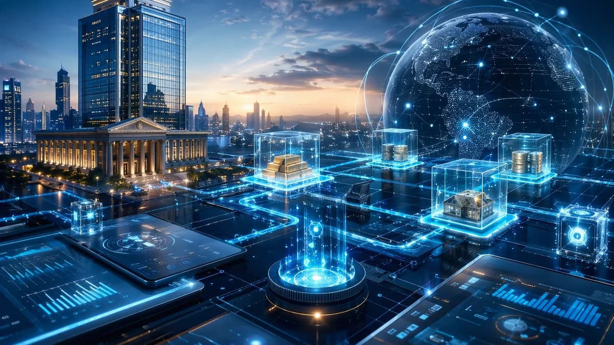 Futuristic DeFi lending infrastructure linking bank towers, tokenized assets, and digital finance dashboards.