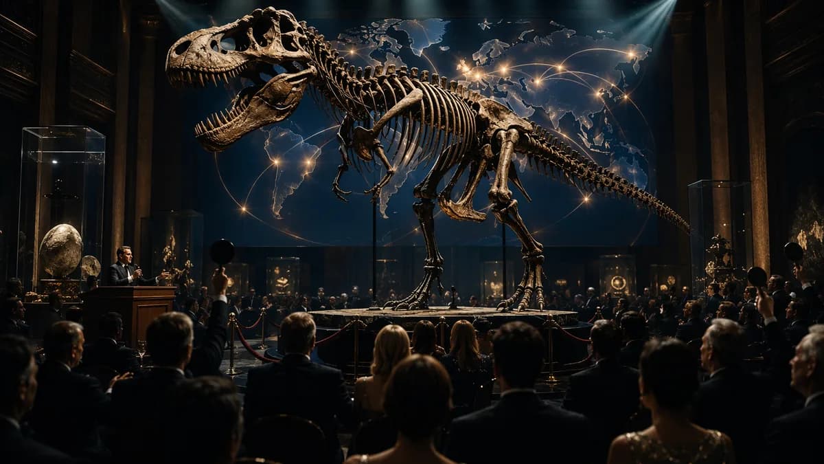 T. rex skeleton in a luxury auction hall with global map lights and silhouetted bidders
