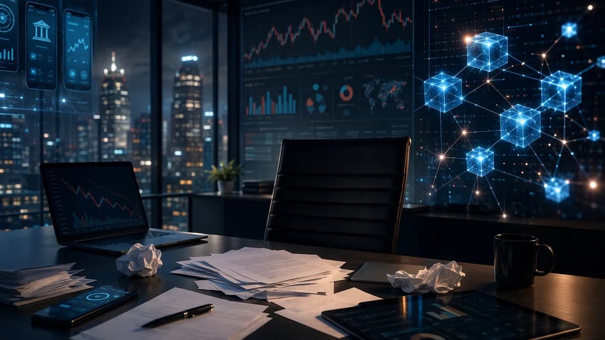 Fintech bankruptcy scene with blank legal papers and a glowing blockchain network still operating