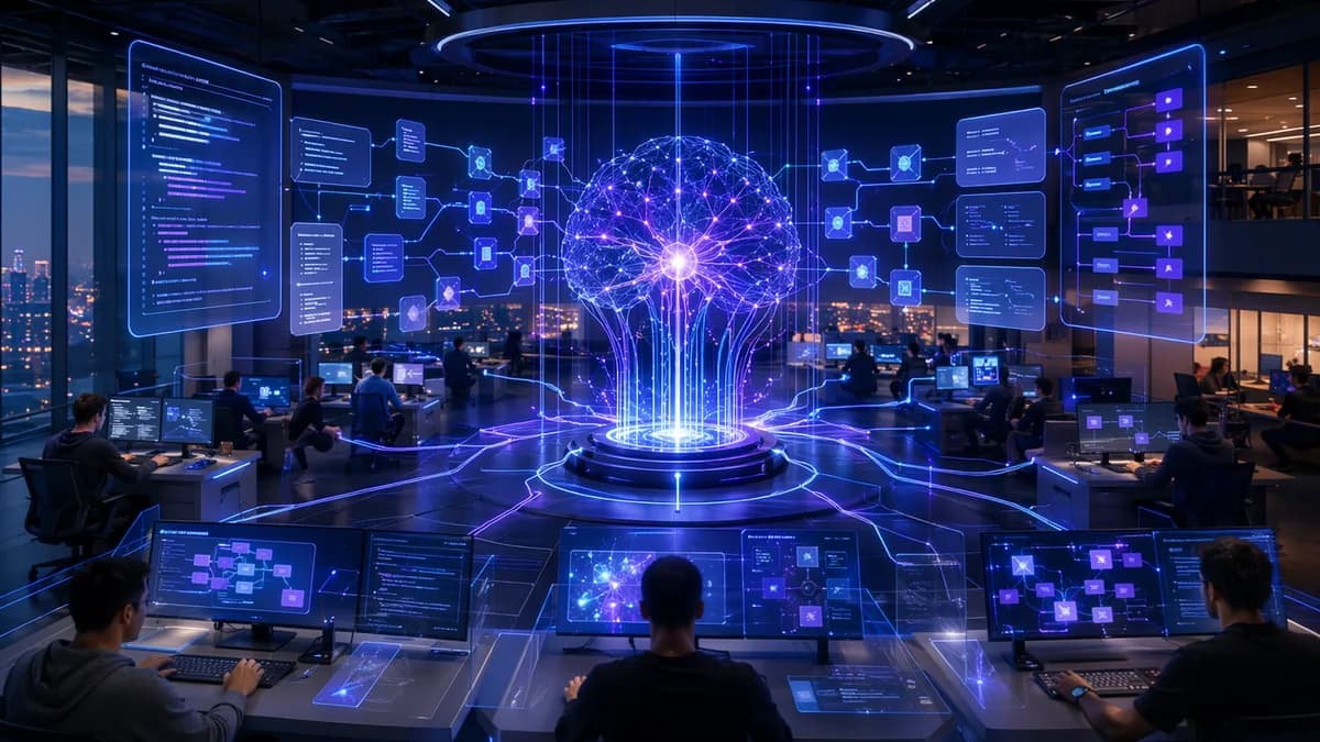 AI coding platform in a futuristic workspace with neural networks, screens, and glowing circuit connections.