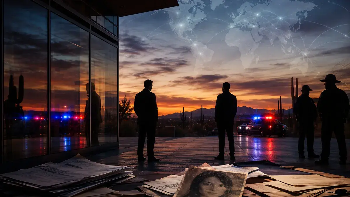 Desert courthouse scene with two silhouetted men, police lights, case files, and subtle global map overlay.