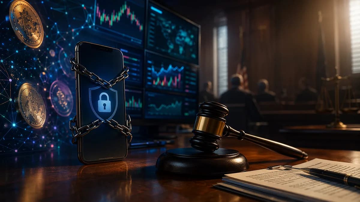 Gavel beside crypto trading screens symbolizing regulatory action against a fake fintech platform.