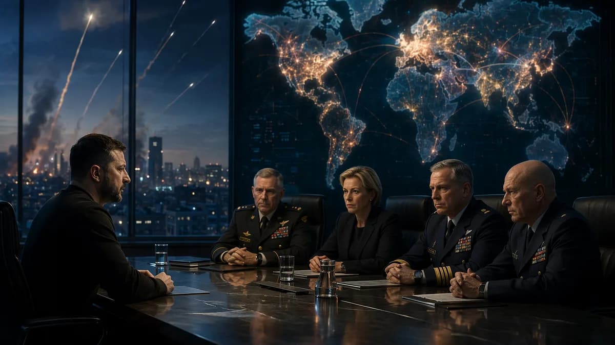 World leaders discuss urgent air defense amid missile streaks and a glowing global map.
