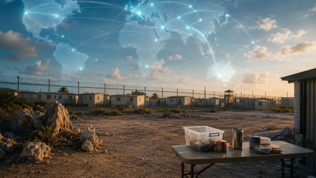 Remote Pacific detention compound with sparse food and global map connections, symbolizing Nauru asylum policy.