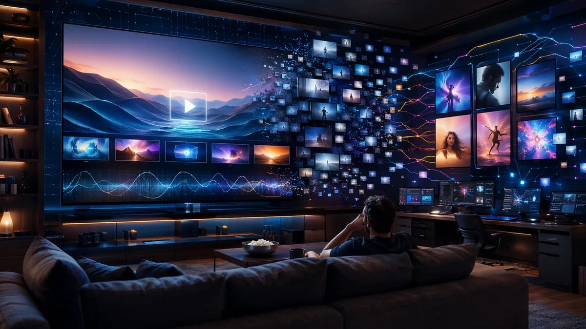 Viewer surrounded by blank streaming screens in a futuristic media hub, symbolizing changing binge habits.