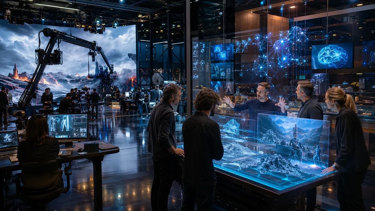 AI-powered film studio with filmmakers, holographic storyboards, cameras, and neural network visuals.