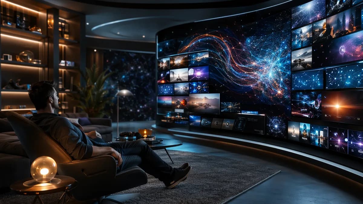 Futuristic streaming hub with abstract always-on TV channels and a viewer in a sleek tech living room.
