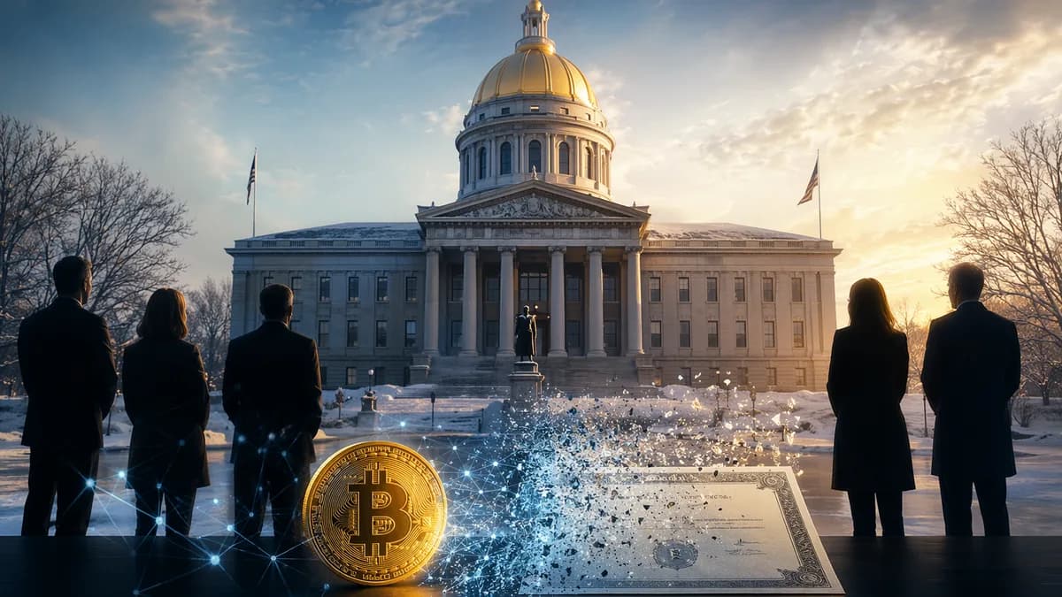 New England capitol with dissolving bitcoin bond, symbolizing New Hampshire ending a crypto financing plan.