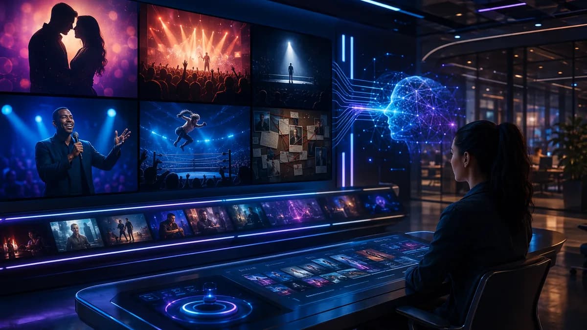 Futuristic streaming hub with glowing screens for romance, music, comedy, true crime, and wrestling.