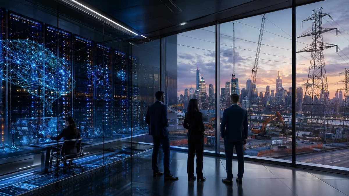 Futuristic New York data center and power grid scene symbolizing a statewide energy moratorium.