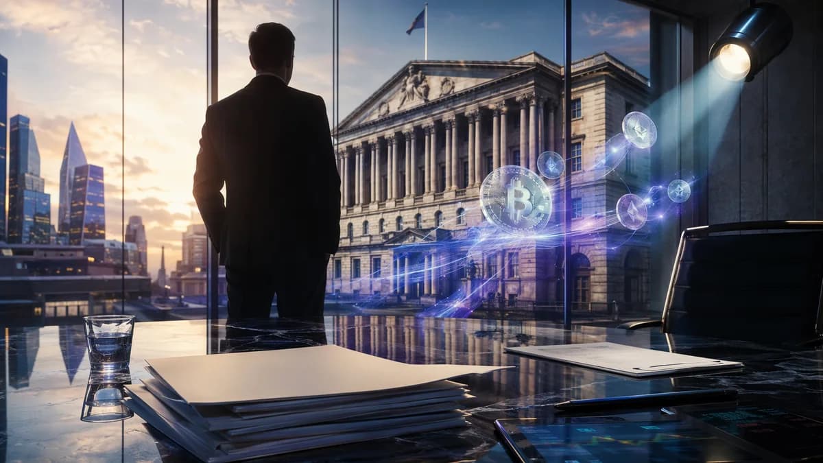 Generic politician under scrutiny beside crypto tokens, money trails, and a central bank backdrop.