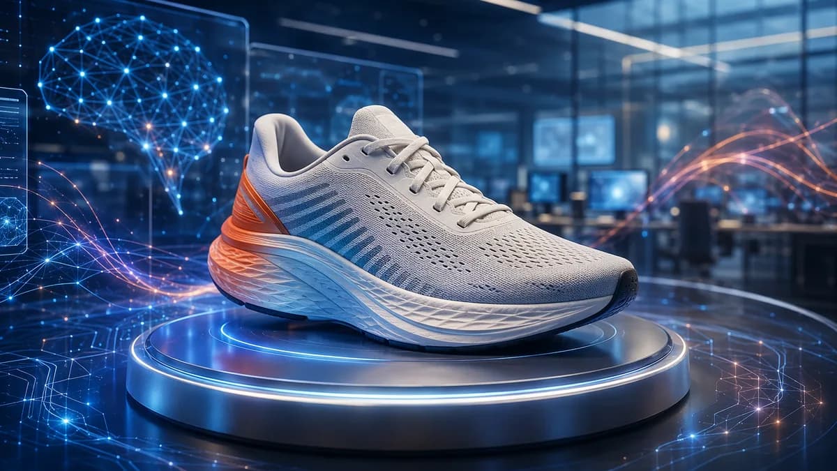 Cushioned running shoe on a futuristic tech display with glowing screens and circuits.
