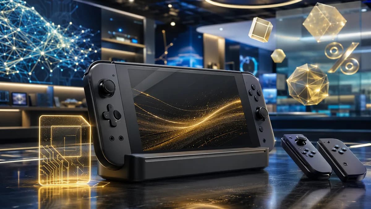 Unbranded handheld game console bundle displayed in a futuristic tech workspace with glowing screens and circuits.