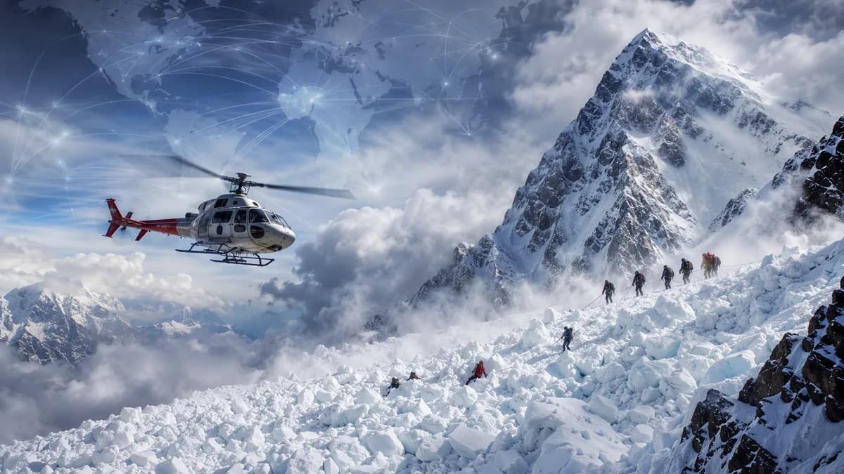 Avalanche on a Himalayan peak with climbers and a rescue helicopter in stormy conditions.
