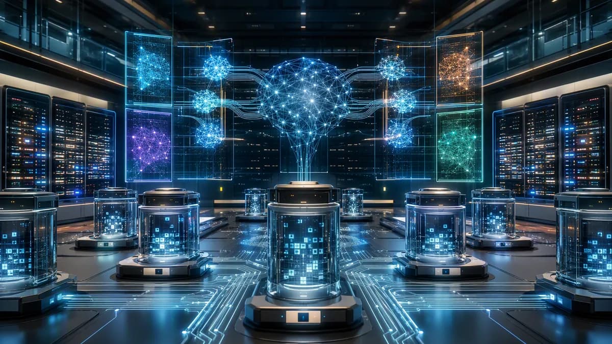 Futuristic AI evaluation lab with blind data capsules and neural network screens for model benchmarking.