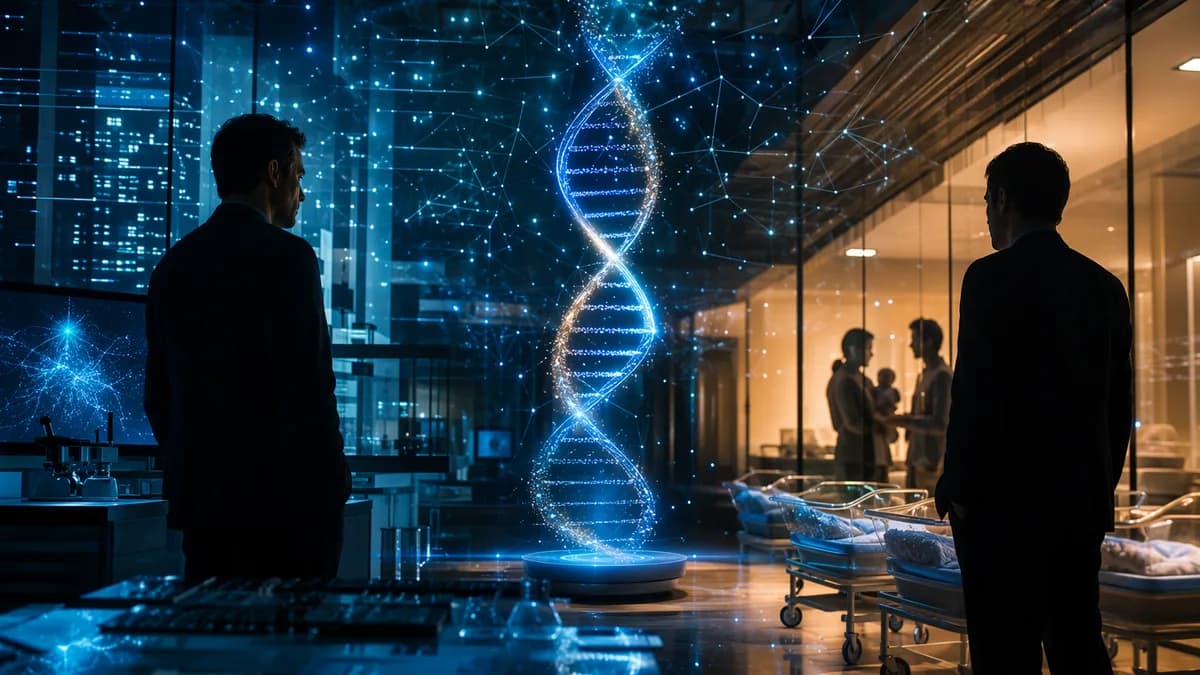 Two men separated by a glowing DNA helix in a modern hospital tech setting.