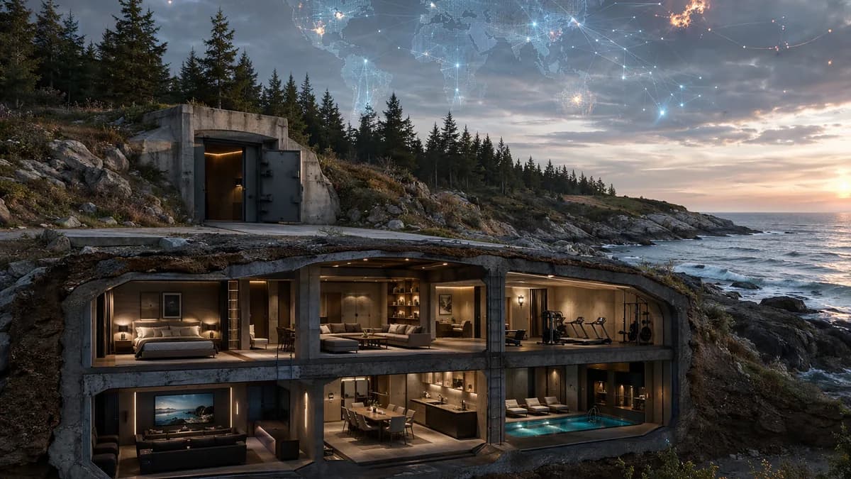 Luxury underground bunker condos in Nova Scotia with global crisis map imagery.