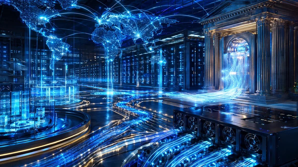 Global AI data center build-out with glowing servers, network arcs, and abstract finance imagery.