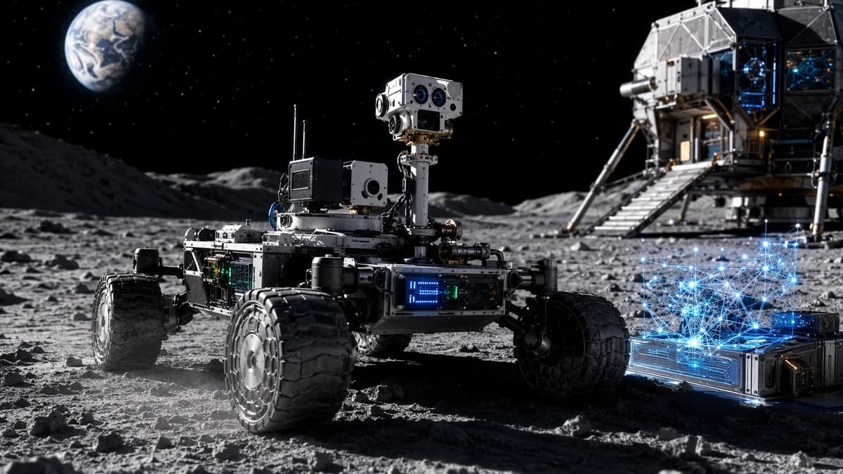 Photorealistic lunar rover with AI hardware driving across the Moon under cinematic lighting.