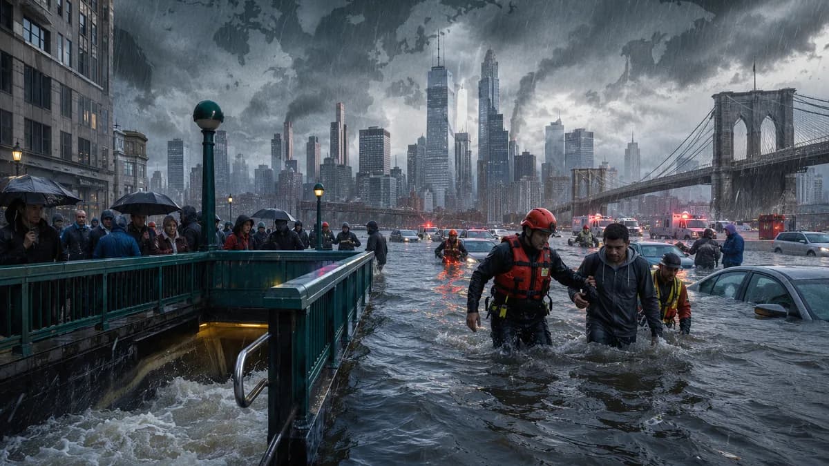 Flooded New York and New Jersey streets during torrential rain with rescues and submerged cars