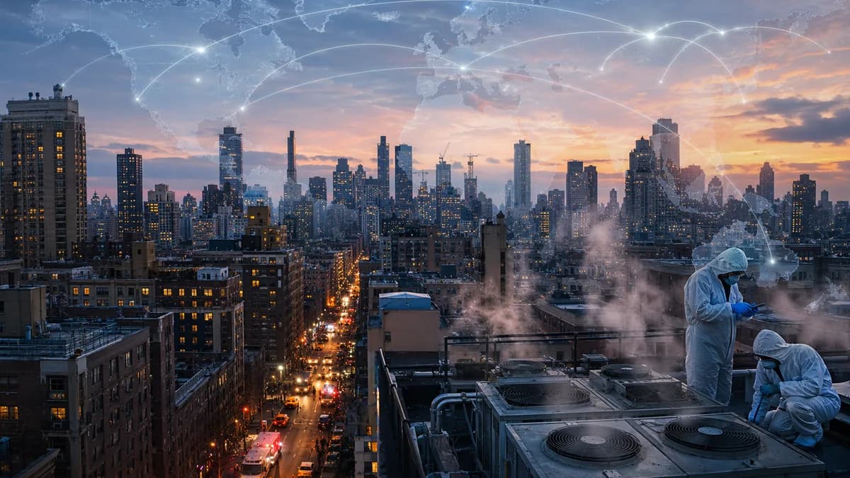NYC skyline with rooftop water systems and public health response during a Legionnaires’ outbreak