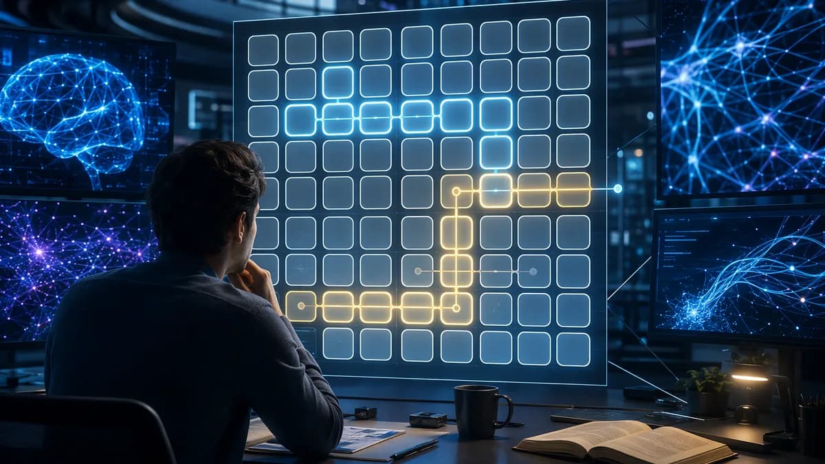 Futuristic workspace with blank puzzle grid, AI networks and screens suggesting spoiler-safe game hints.