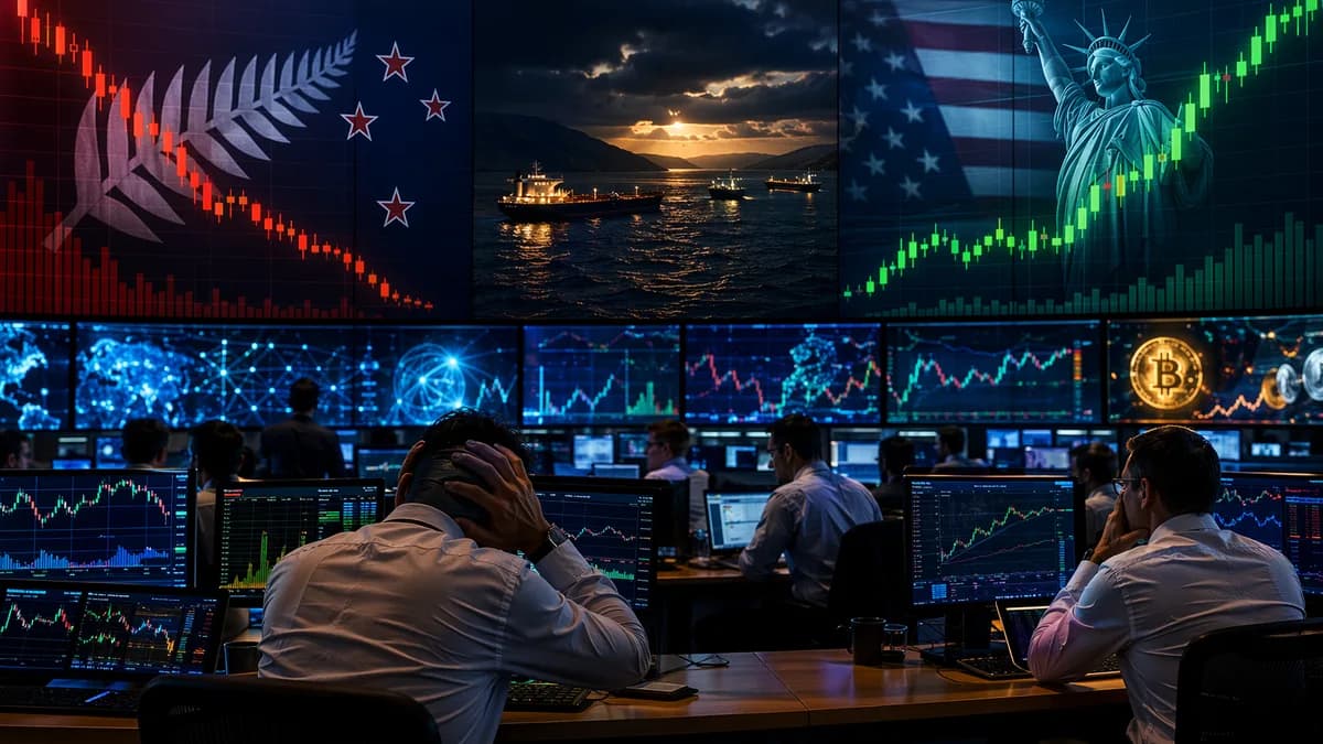 FX trading desk showing NZD/USD pressure amid Hormuz tension and stronger US Dollar demand