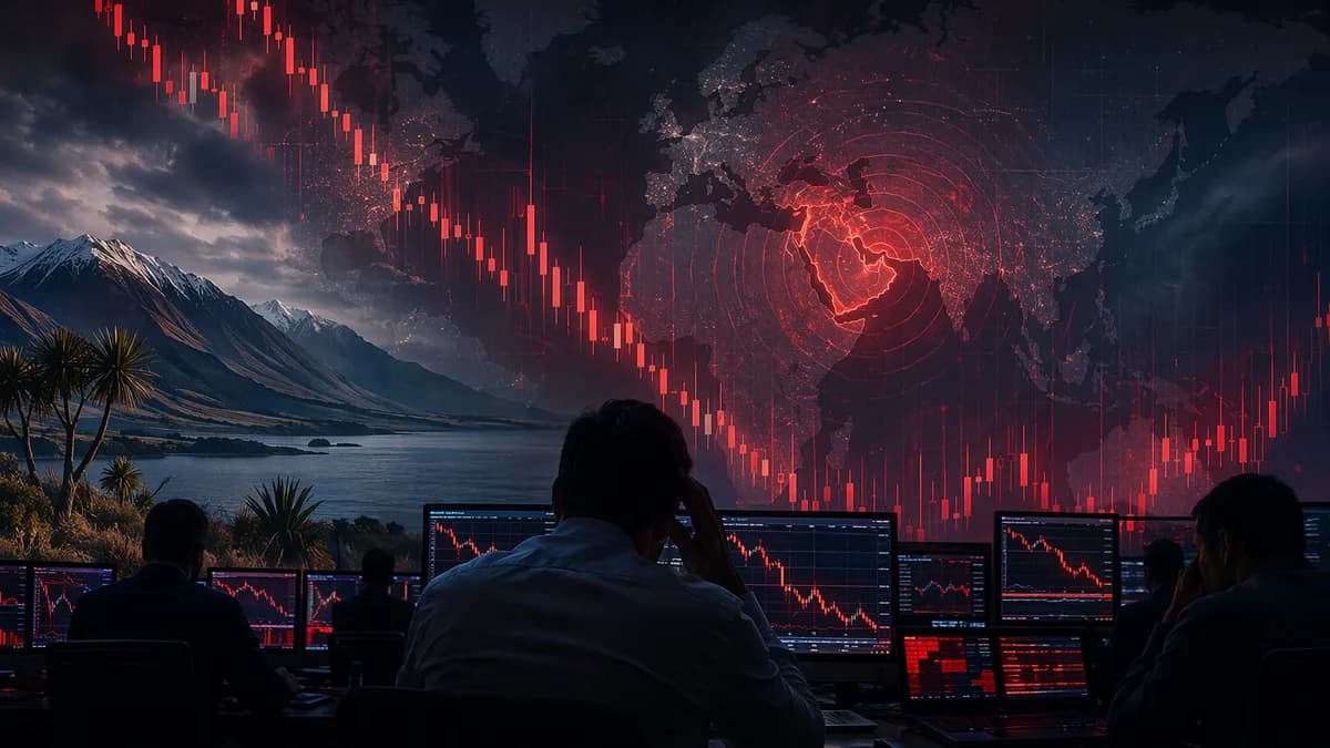 Tense FX trading desk with falling market charts and geopolitical risk mood impacting the New Zealand dollar.