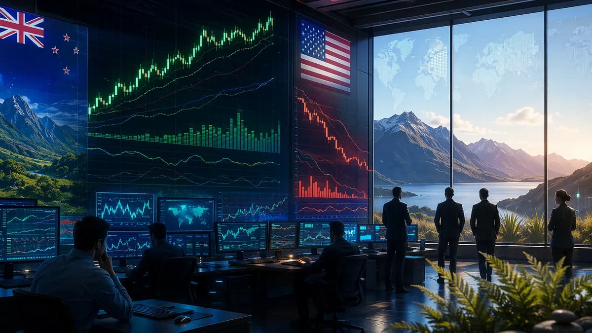 FX trading desk with rising NZD market charts against a weakening US dollar backdrop