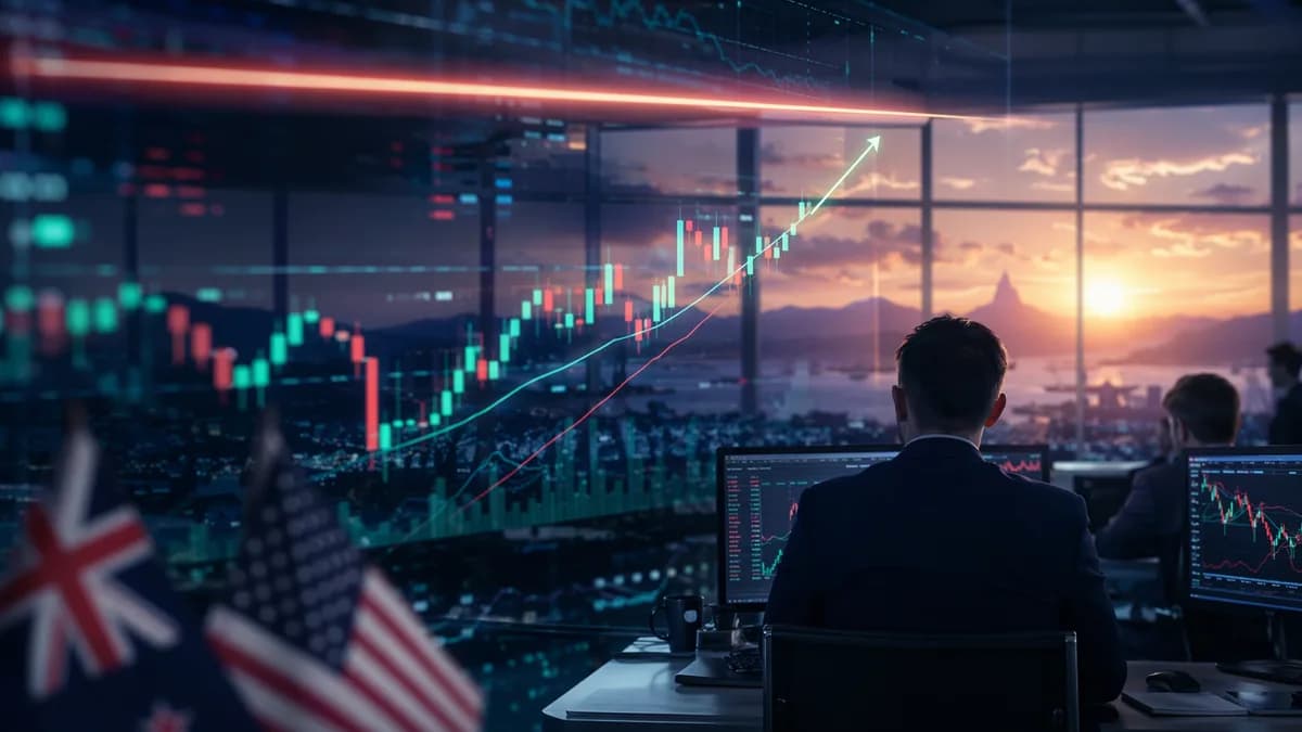 Forex trading desk showing NZD/USD momentum rising toward technical resistance