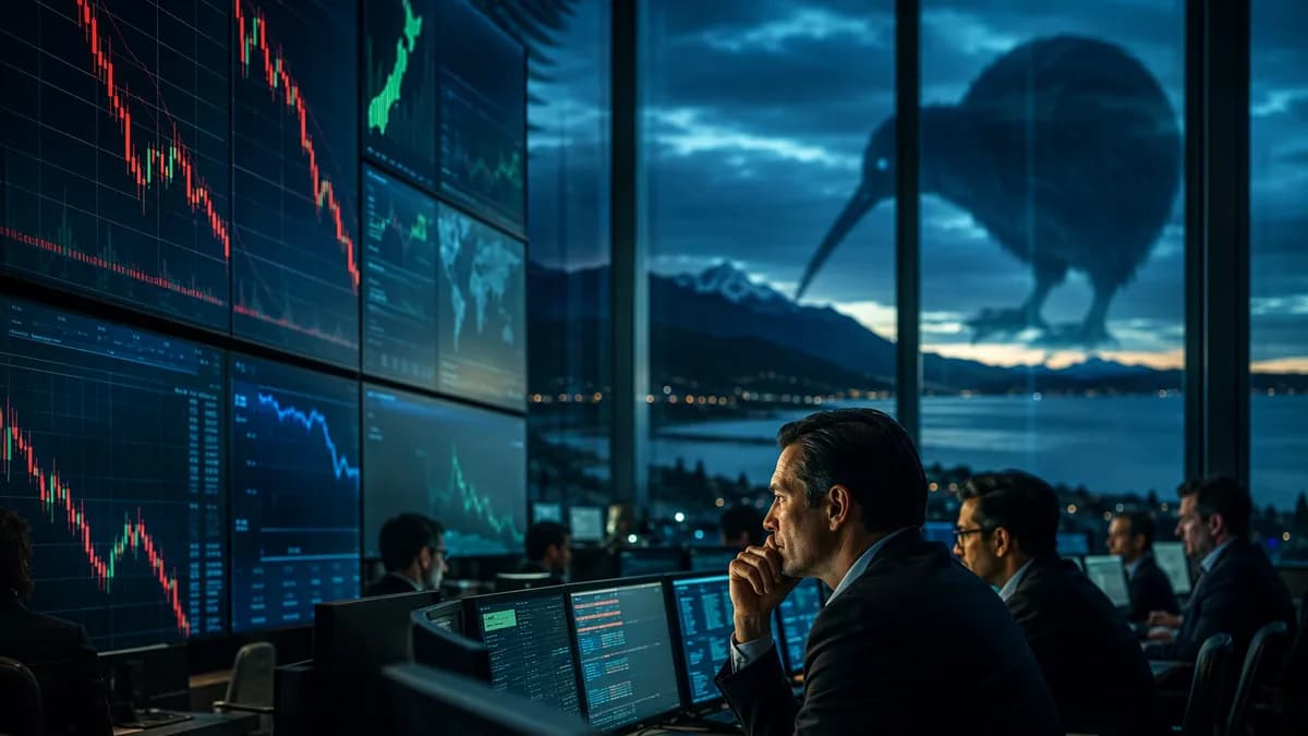 Risk-off FX trading floor with falling New Zealand dollar charts and safe-haven dollar mood