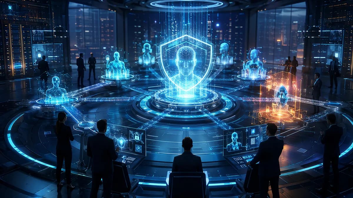 Futuristic identity security hub connecting human users and AI agents through protected access layers.