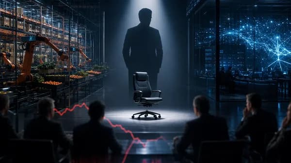 Futuristic boardroom and warehouse scene showing CEO succession tension and investor concern.
