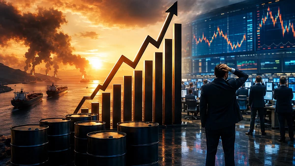 Oil market surge with traders, barrels, rising chart, and tankers near a tense shipping lane.