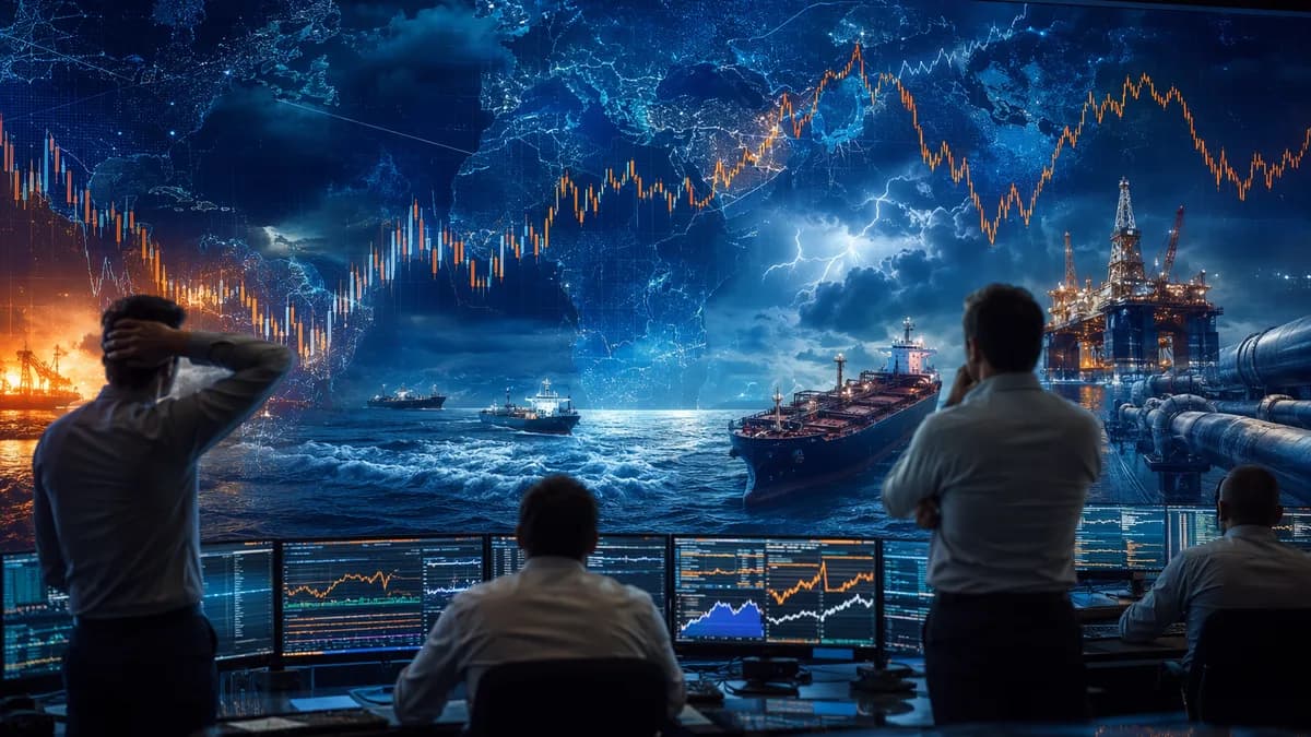 Oil trading floor with abstract tanker routes, charts, and supply risk visuals