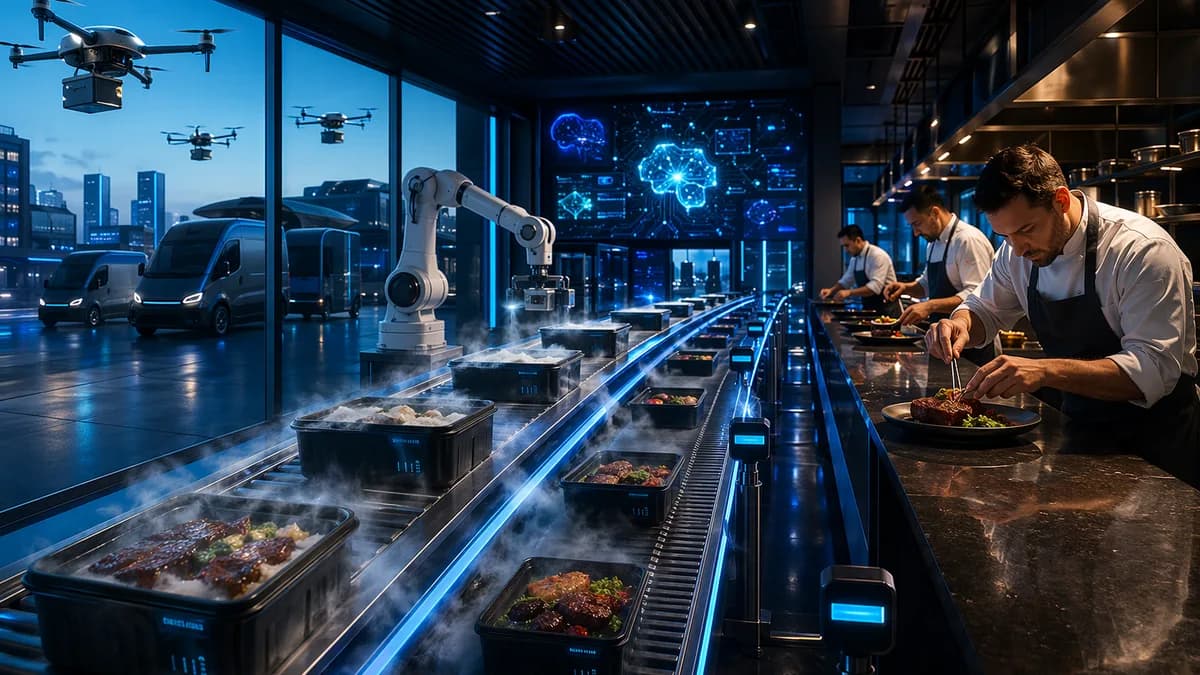 Futuristic cold-chain logistics hub delivering premium steak dinners with sensors, frost, and cinematic lighting.