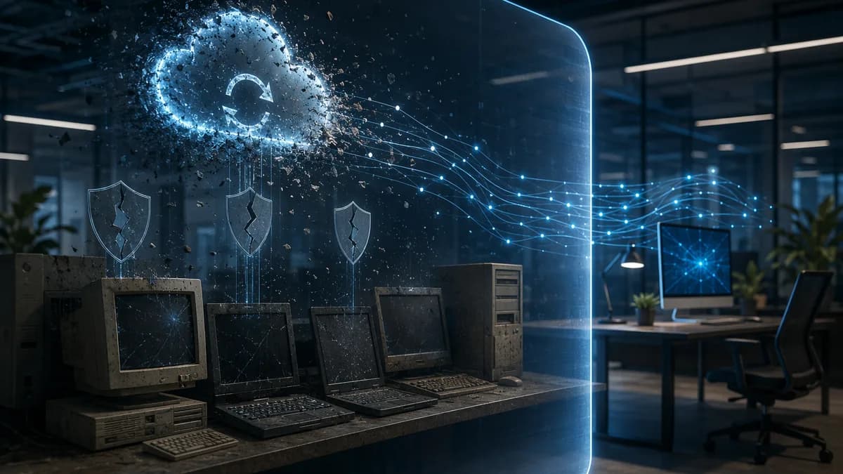 Older PCs lose cloud update support in a futuristic tech workspace with fading security connections.