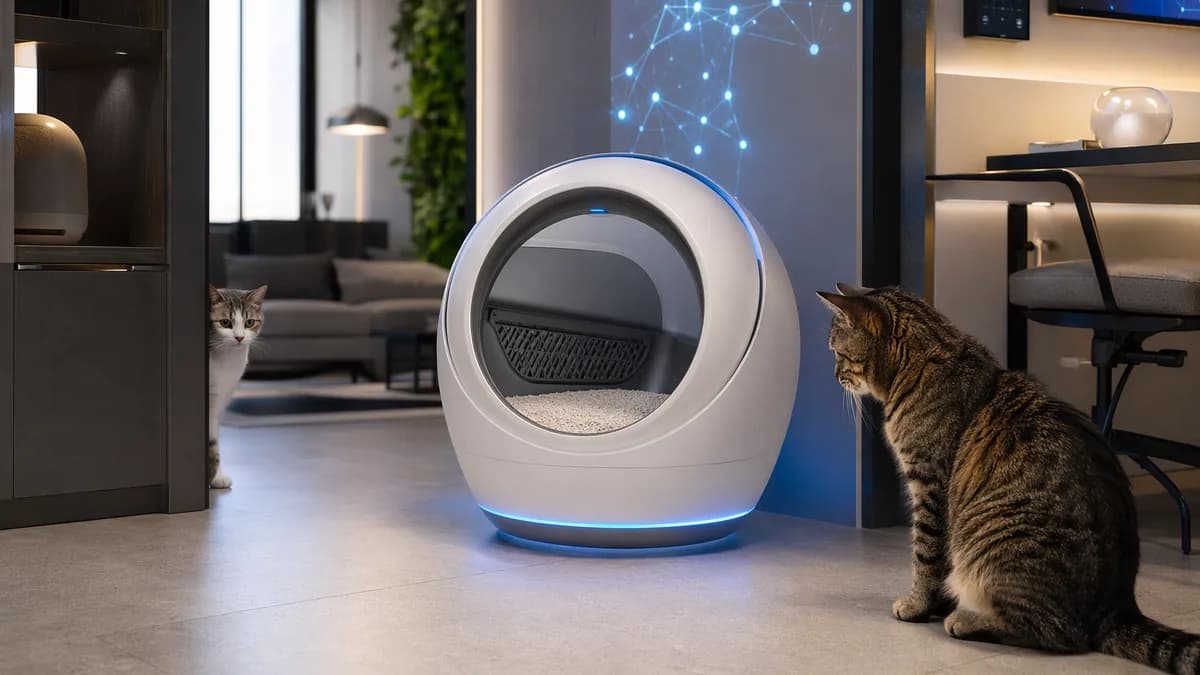 Two cats inspect a sleek robotic litter box in a modern smart home setting.