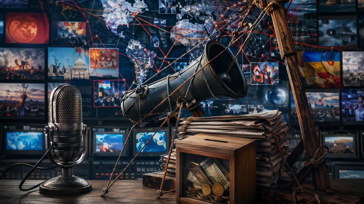 Satirical media control room with global map screens and a symbolic outrage machine turned back on itself.