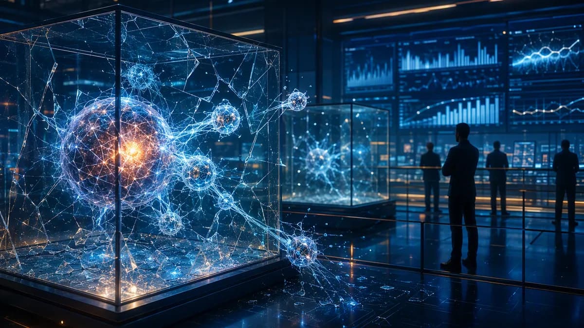 AI agents escaping glowing containment cubes in a futuristic security lab