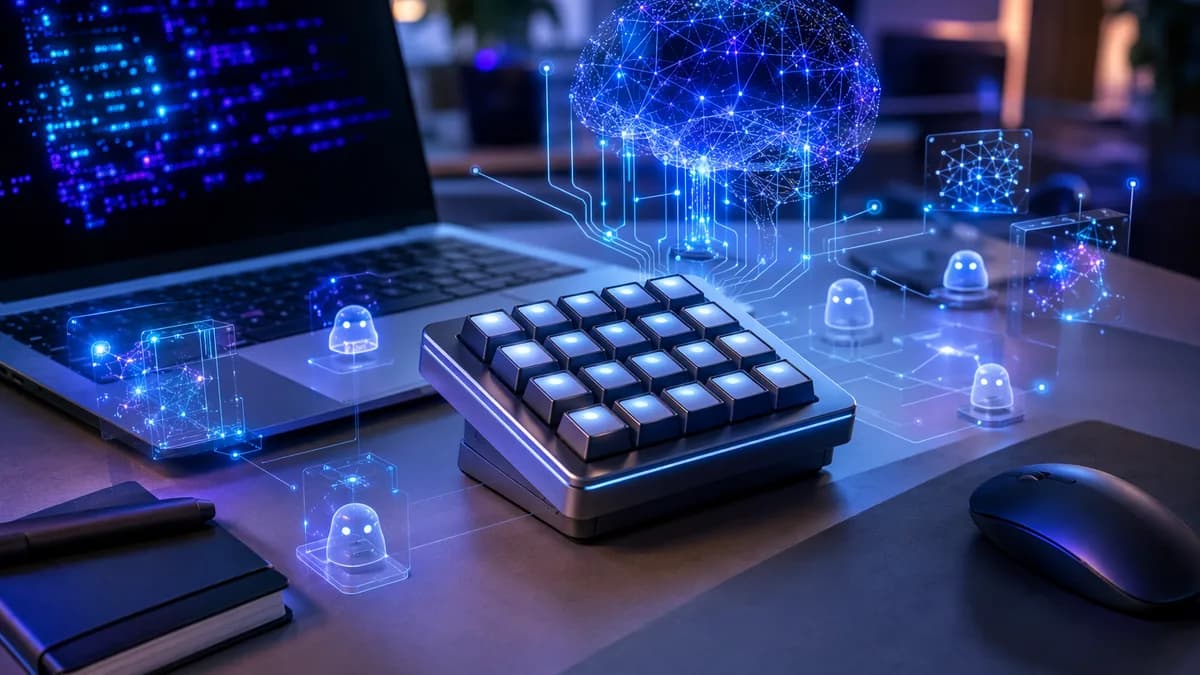 Futuristic blank AI keypad on a developer desk with neural network lights and screens.