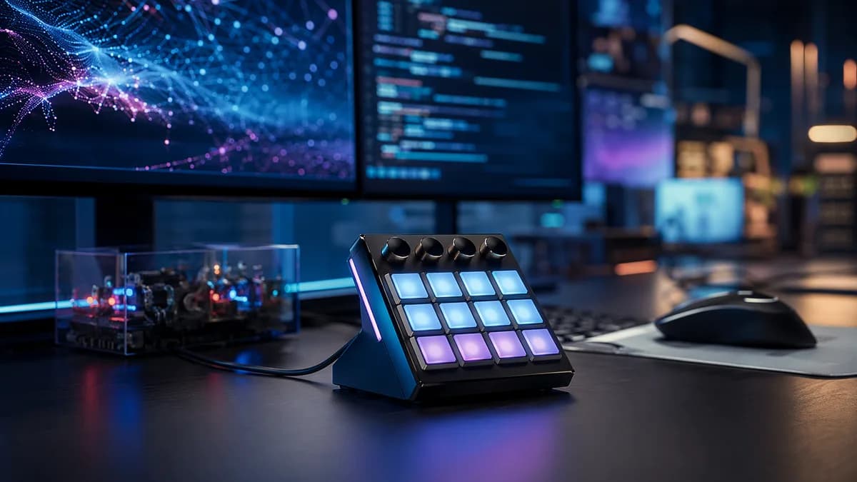 Compact AI macro pad on a futuristic developer desk with glowing neural network visuals