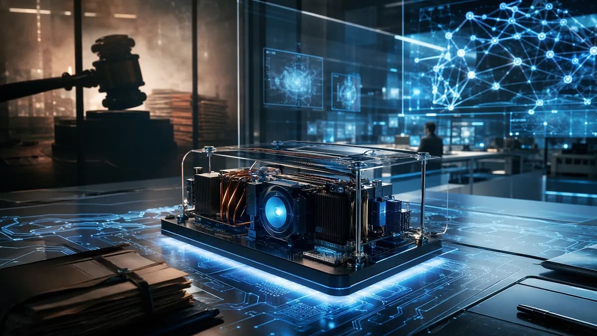 AI hardware prototype in a futuristic workspace with subtle legal imagery suggesting a lawsuit delay.
