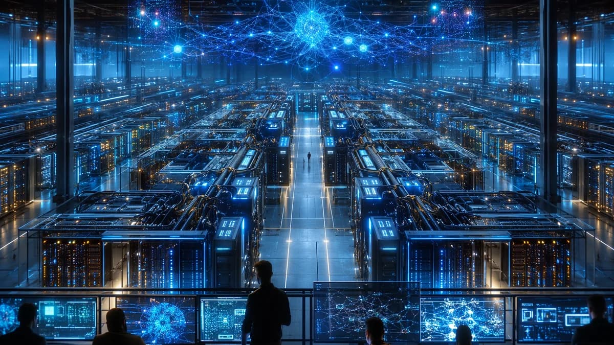 Futuristic AI data center with glowing servers and neural network visuals in a sleek tech workspace.